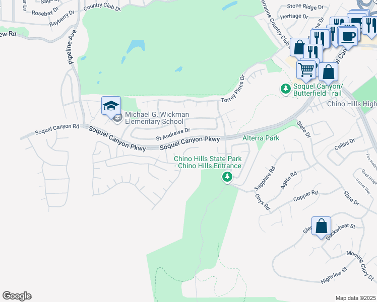 map of restaurants, bars, coffee shops, grocery stores, and more near 16319 Misty Hill Drive in Chino Hills