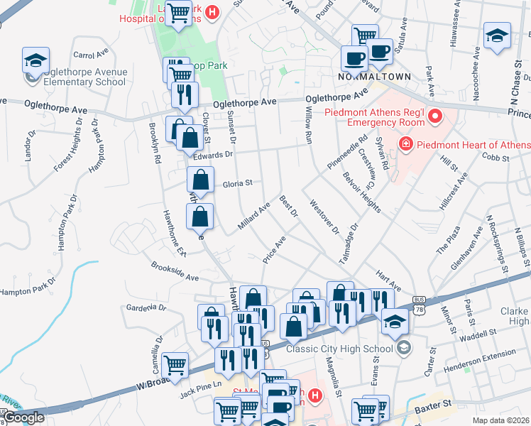 map of restaurants, bars, coffee shops, grocery stores, and more near 230 Millard Street in Athens