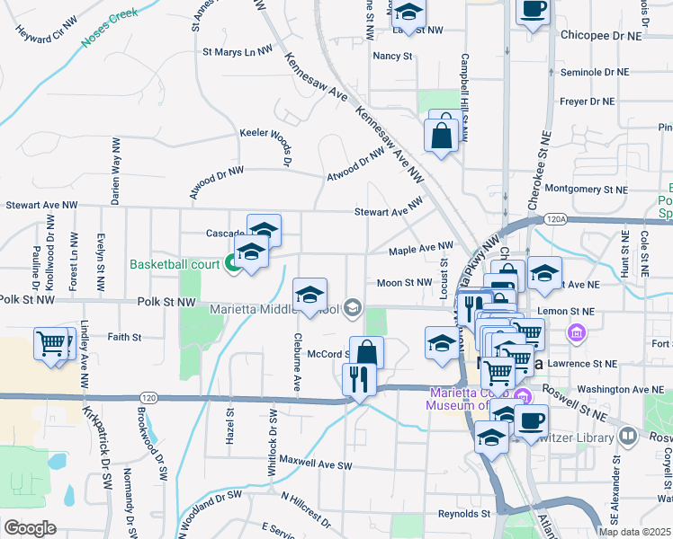 map of restaurants, bars, coffee shops, grocery stores, and more near 207 Walthall Street in Marietta