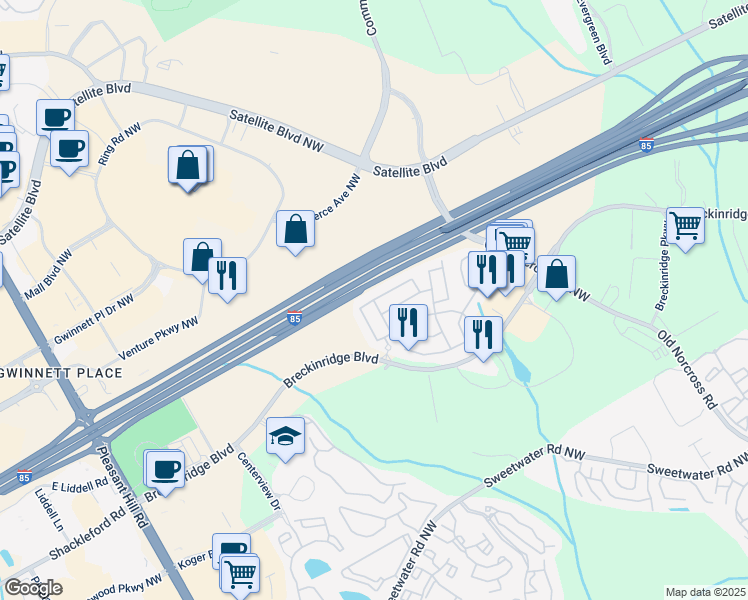 map of restaurants, bars, coffee shops, grocery stores, and more near 2102 Executive Drive in Duluth