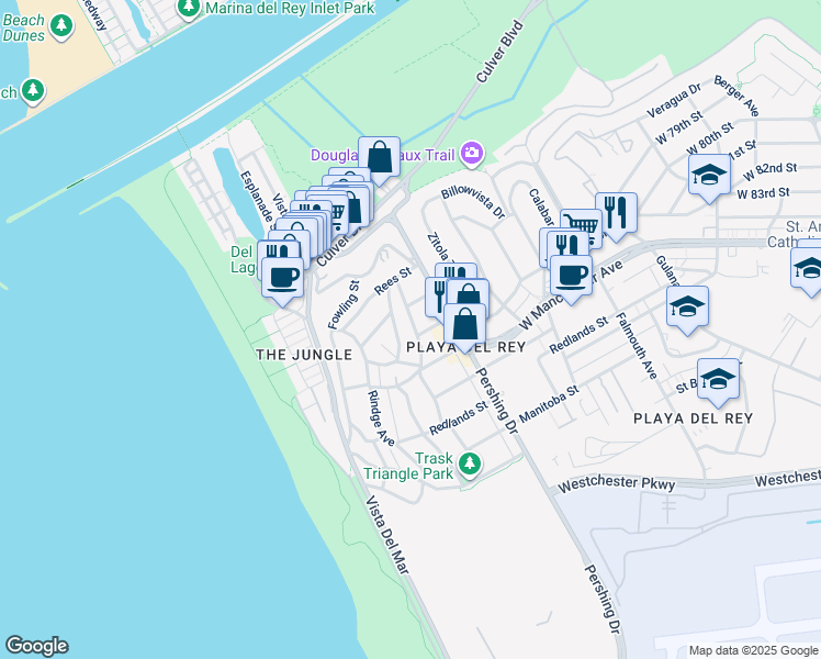 map of restaurants, bars, coffee shops, grocery stores, and more near 7123 Earldom Avenue in Los Angeles
