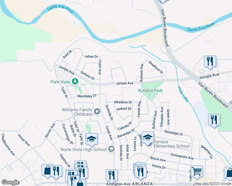 map of restaurants, bars, coffee shops, grocery stores, and more near 9715 Manitoba Place in Riverside