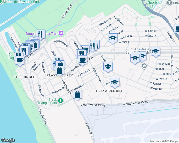 map of restaurants, bars, coffee shops, grocery stores, and more near 8135 Redlands Street in Los Angeles