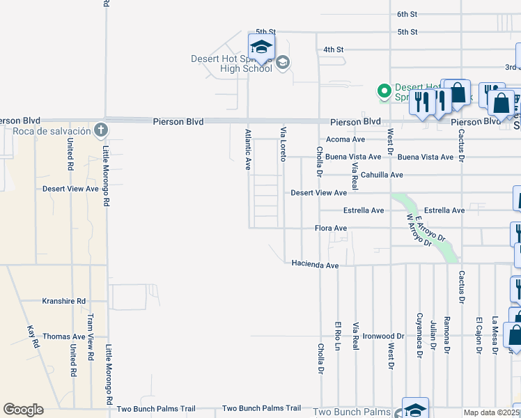 map of restaurants, bars, coffee shops, grocery stores, and more near 65565 Acoma Avenue in Desert Hot Springs