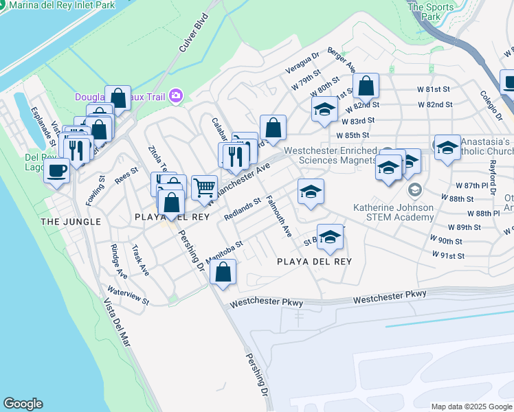 map of restaurants, bars, coffee shops, grocery stores, and more near 8135 Redlands Street in Los Angeles