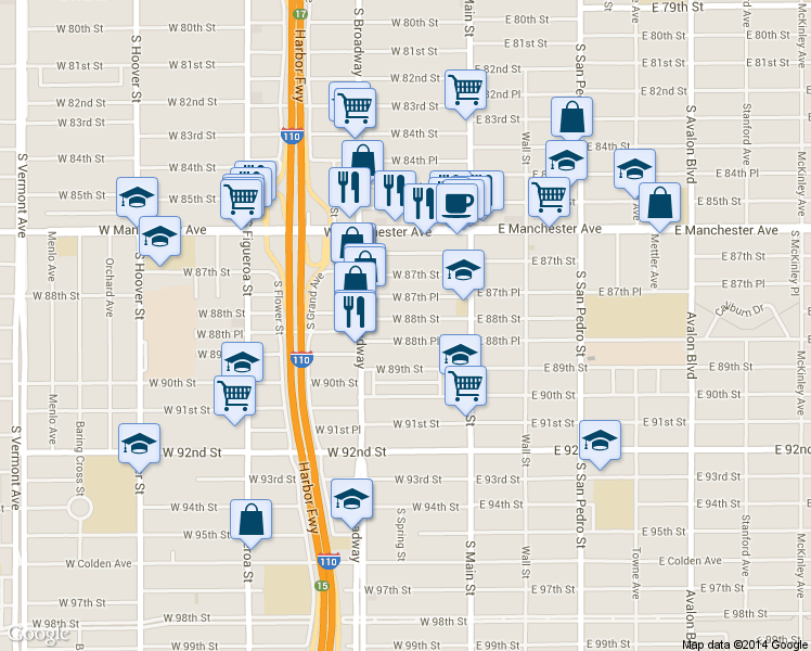 map of restaurants, bars, coffee shops, grocery stores, and more near 212 W 88th St in Los Angeles
