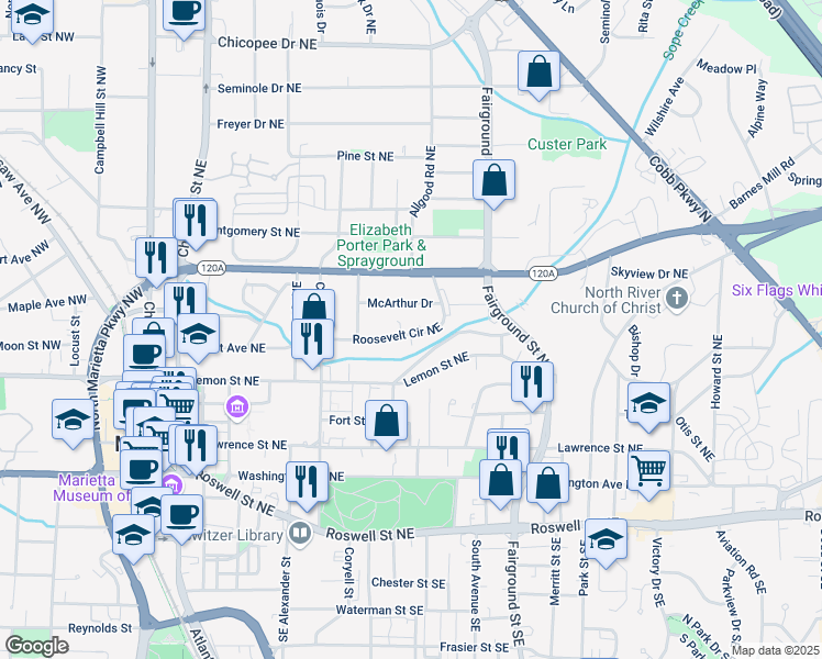 map of restaurants, bars, coffee shops, grocery stores, and more near 415 Roosevelt Circle Northeast in Marietta