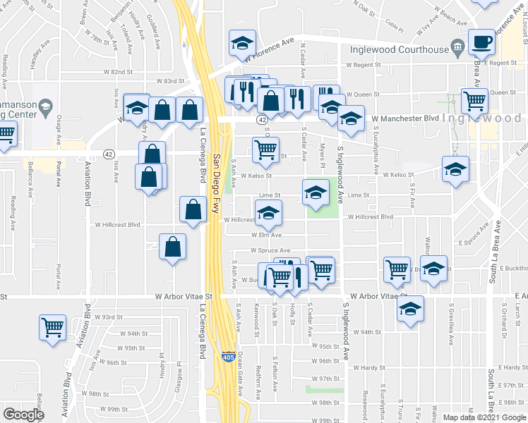 map of restaurants, bars, coffee shops, grocery stores, and more near 521 1/2 South Oak Street in Inglewood
