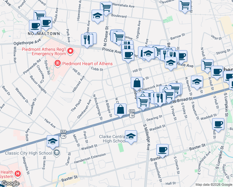 map of restaurants, bars, coffee shops, grocery stores, and more near 1020 West Hancock Avenue in Athens