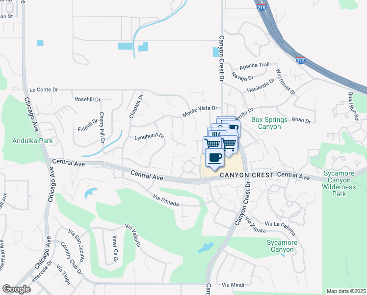 map of restaurants, bars, coffee shops, grocery stores, and more near 1118 Maddie Lane in Riverside