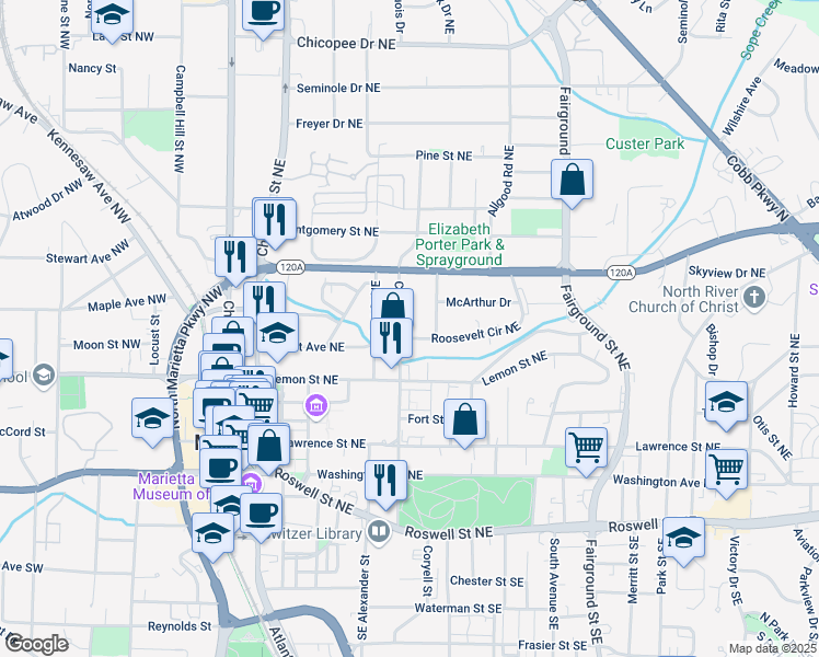 map of restaurants, bars, coffee shops, grocery stores, and more near 230 Cole St NE in Marietta