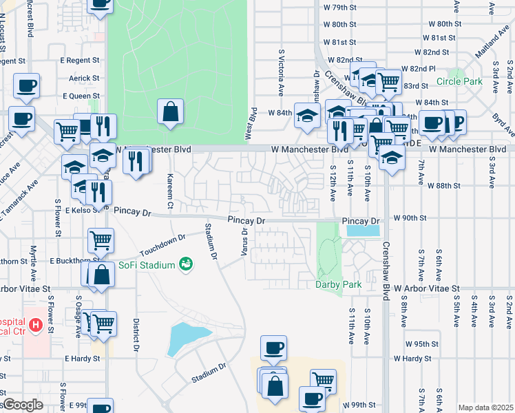 map of restaurants, bars, coffee shops, grocery stores, and more near 8813 Glendover Way in Inglewood