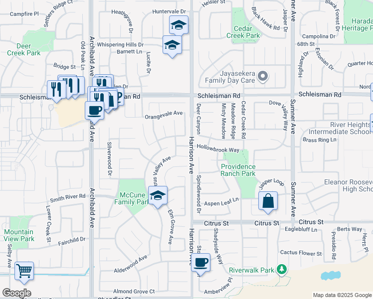 map of restaurants, bars, coffee shops, grocery stores, and more near 13813 Champion Way in Corona