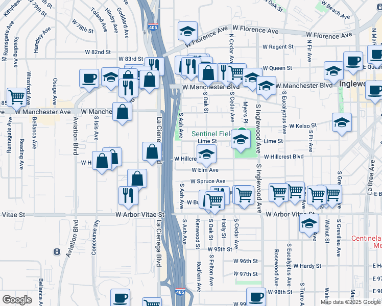 map of restaurants, bars, coffee shops, grocery stores, and more near 521 Sycamore Place in Inglewood