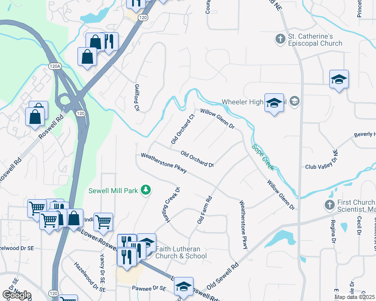 map of restaurants, bars, coffee shops, grocery stores, and more near 2225 Old Orchard Drive in Marietta