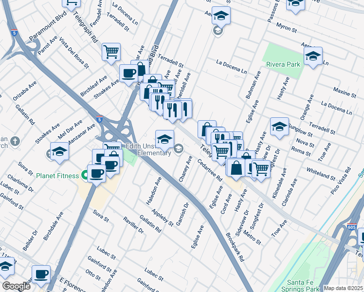 map of restaurants, bars, coffee shops, grocery stores, and more near 9242 Telegraph Road in Downey