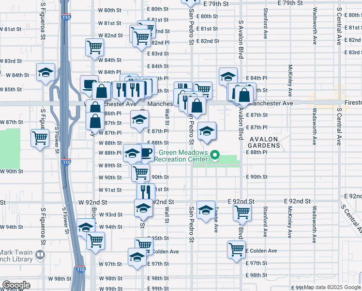 map of restaurants, bars, coffee shops, grocery stores, and more near 234 East 88th Street in Los Angeles