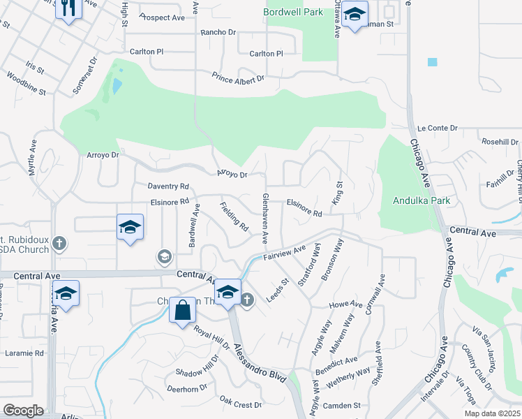 map of restaurants, bars, coffee shops, grocery stores, and more near 2111 Elsinore Road in Riverside