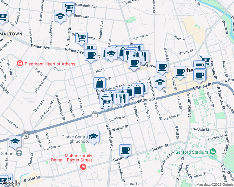 map of restaurants, bars, coffee shops, grocery stores, and more near 237 North Church Street in Athens