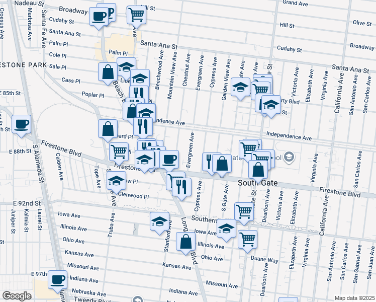 map of restaurants, bars, coffee shops, grocery stores, and more near 8653 Evergreen Avenue in South Gate