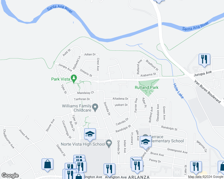 map of restaurants, bars, coffee shops, grocery stores, and more near 9715 Manitoba Place in Riverside