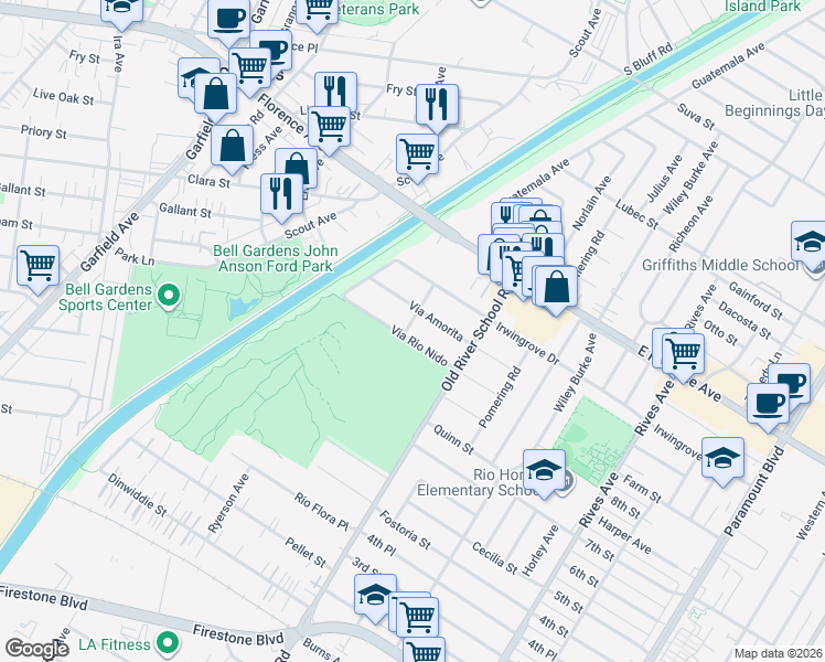 map of restaurants, bars, coffee shops, grocery stores, and more near 7303 Via Rio Nido in Downey