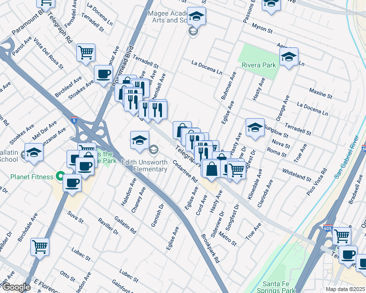 map of restaurants, bars, coffee shops, grocery stores, and more near 9321 Telegraph Road in Pico Rivera