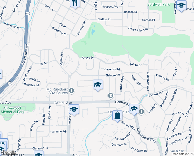 map of restaurants, bars, coffee shops, grocery stores, and more near 5201 Stonewood Drive in Riverside