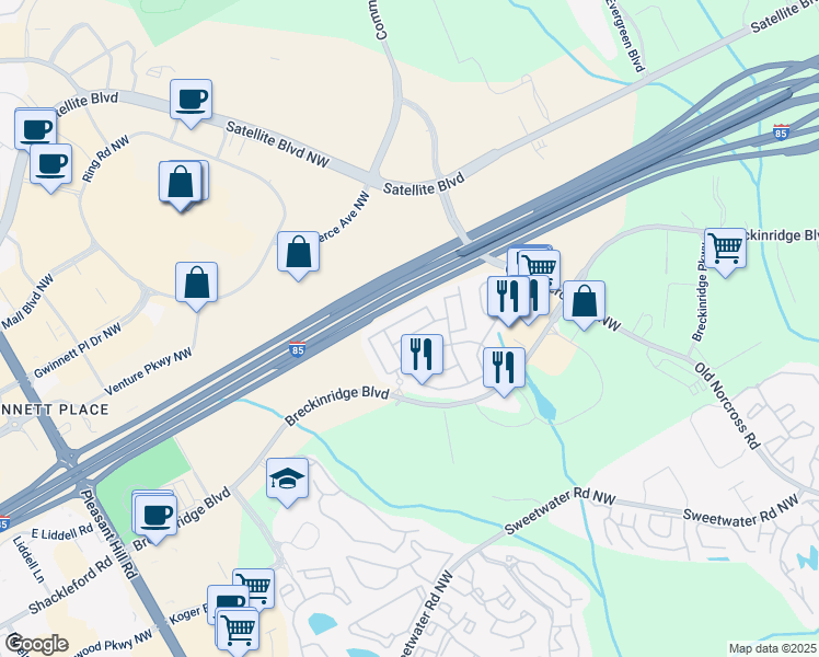 map of restaurants, bars, coffee shops, grocery stores, and more near 3157 Millington Place in Duluth