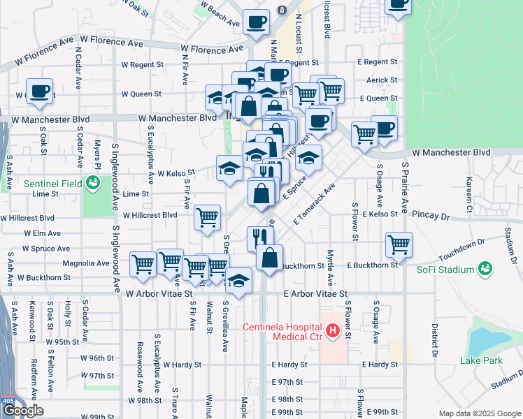 map of restaurants, bars, coffee shops, grocery stores, and more near 516 South La Brea Avenue in Inglewood