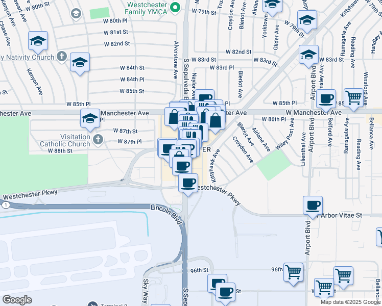 map of restaurants, bars, coffee shops, grocery stores, and more near 8800 South Sepulveda Boulevard in Los Angeles