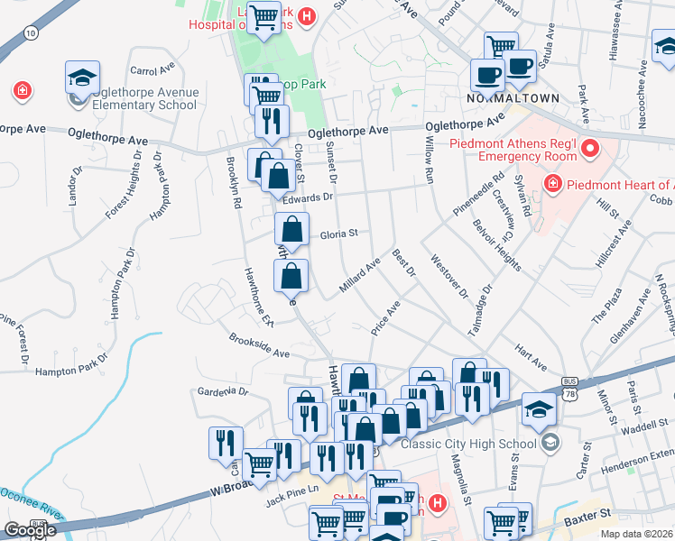 map of restaurants, bars, coffee shops, grocery stores, and more near 425 Sunset Drive in Athens