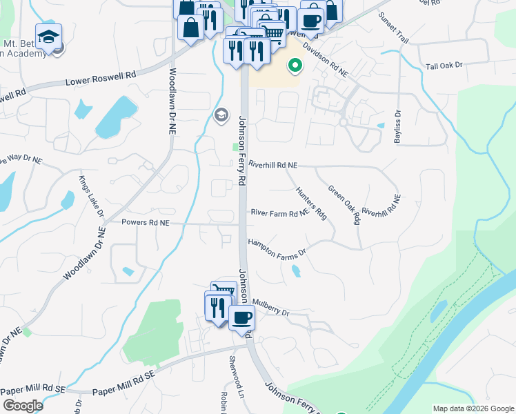map of restaurants, bars, coffee shops, grocery stores, and more near 4831 River Farm Road Northeast in Marietta