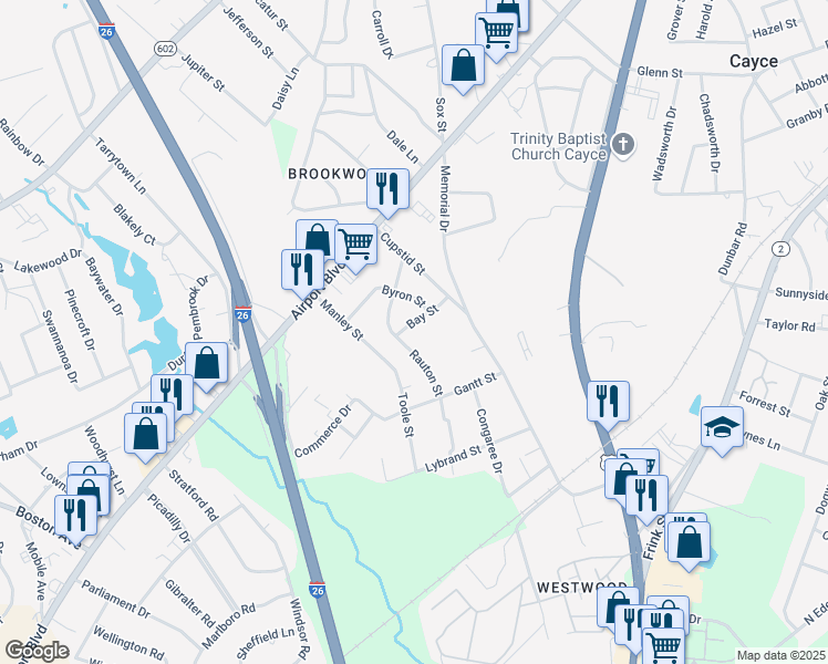 map of restaurants, bars, coffee shops, grocery stores, and more near 2009 Bay Street in Cayce