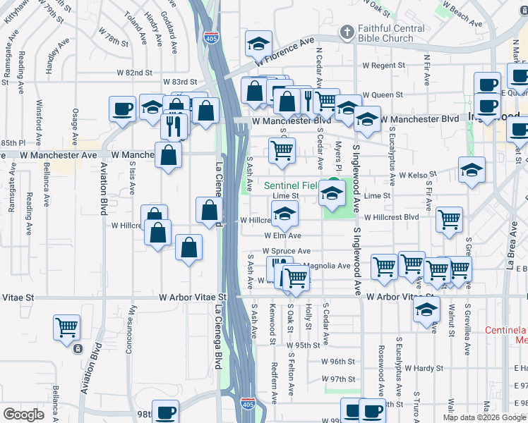 map of restaurants, bars, coffee shops, grocery stores, and more near 521 Sycamore Place in Inglewood