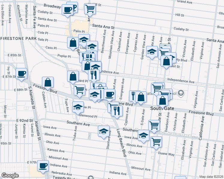 map of restaurants, bars, coffee shops, grocery stores, and more near 8659 Chestnut Avenue in South Gate