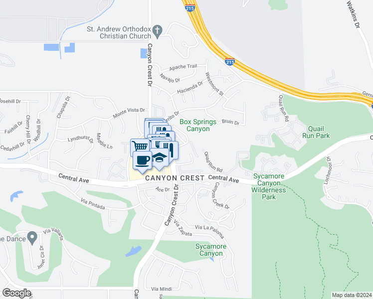 map of restaurants, bars, coffee shops, grocery stores, and more near 750 Vía Pueblo in Riverside