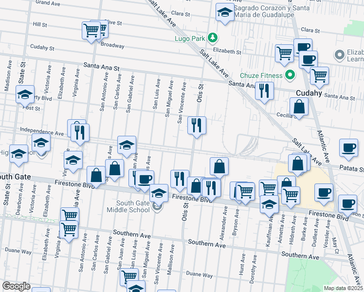 map of restaurants, bars, coffee shops, grocery stores, and more near 4111 Independence Avenue in South Gate