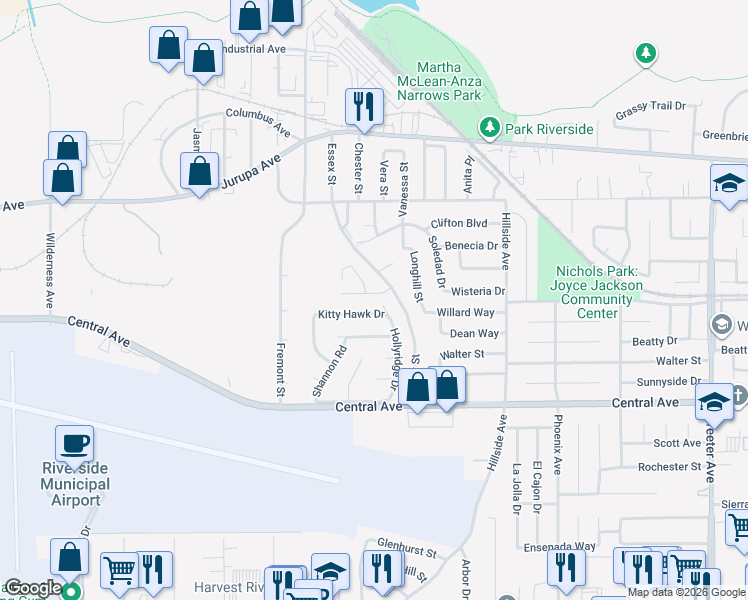 map of restaurants, bars, coffee shops, grocery stores, and more near 5952 Maybelle Street in Riverside
