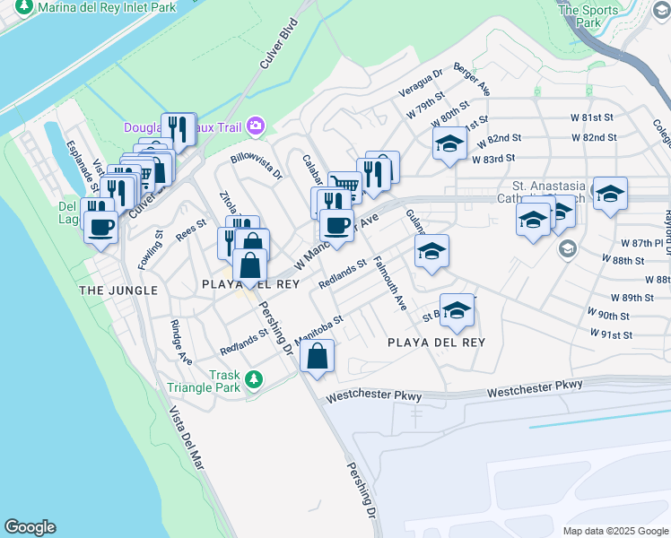 map of restaurants, bars, coffee shops, grocery stores, and more near 8600 Tuscany Avenue in Los Angeles