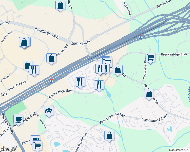 map of restaurants, bars, coffee shops, grocery stores, and more near 3065 Briaroak Drive in Duluth