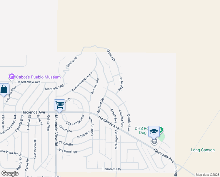 map of restaurants, bars, coffee shops, grocery stores, and more near 12572 Redbud Road in Desert Hot Springs