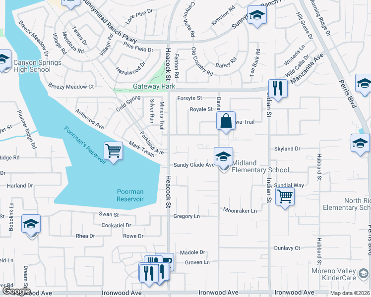 map of restaurants, bars, coffee shops, grocery stores, and more near 24044 Roseleaf Place in Moreno Valley