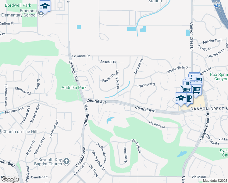 map of restaurants, bars, coffee shops, grocery stores, and more near 1408 Cedarhill Drive in Riverside