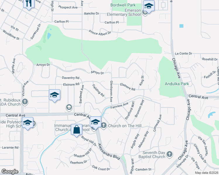 map of restaurants, bars, coffee shops, grocery stores, and more near 5160 Glenhaven Avenue in Riverside