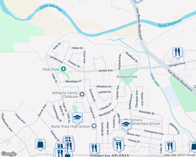 map of restaurants, bars, coffee shops, grocery stores, and more near 9715 Manitoba Place in Riverside