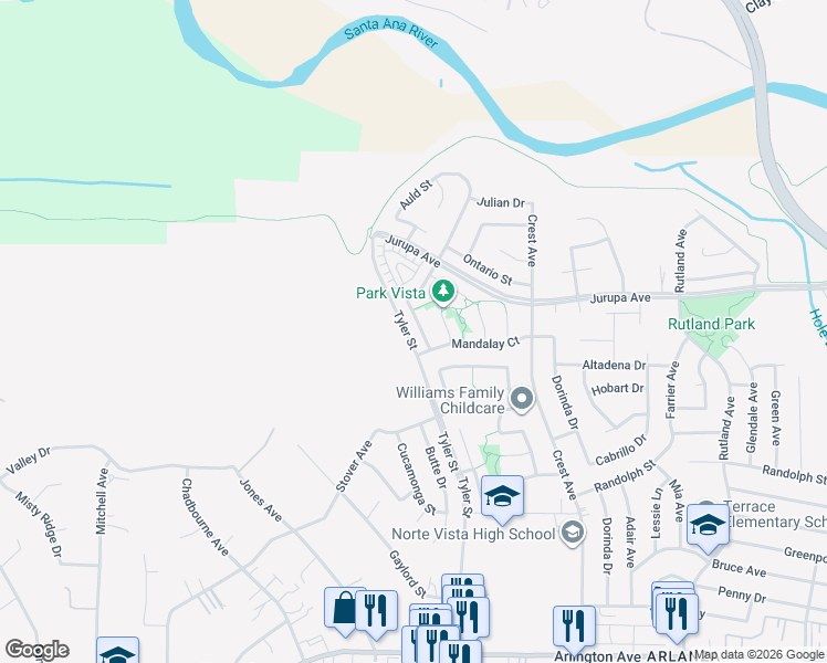 map of restaurants, bars, coffee shops, grocery stores, and more near 7018 Idyllwild Lane in Riverside