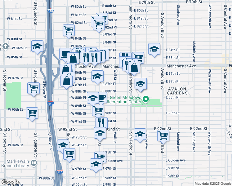 map of restaurants, bars, coffee shops, grocery stores, and more near 158 East 88th Street in Los Angeles