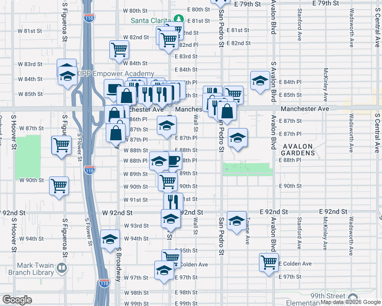 map of restaurants, bars, coffee shops, grocery stores, and more near 158 East 88th Street in Los Angeles