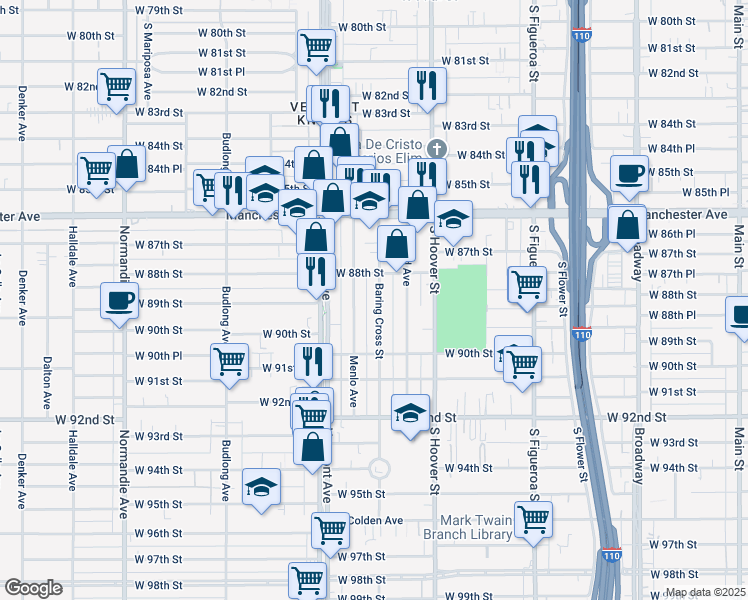 map of restaurants, bars, coffee shops, grocery stores, and more near 8907 Menlo Avenue in Los Angeles
